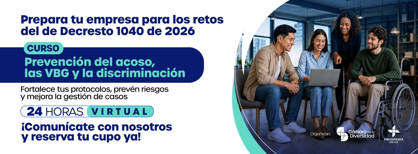 Banner del curso de prevención del acoso, las VBG y la discriminación, con cuatro profesionales reunidos alrededor de un computador.